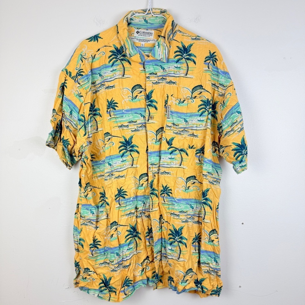 Columbia Hawaiian Shirt Yellow Palm Print Button Down Tropical Island Shirt